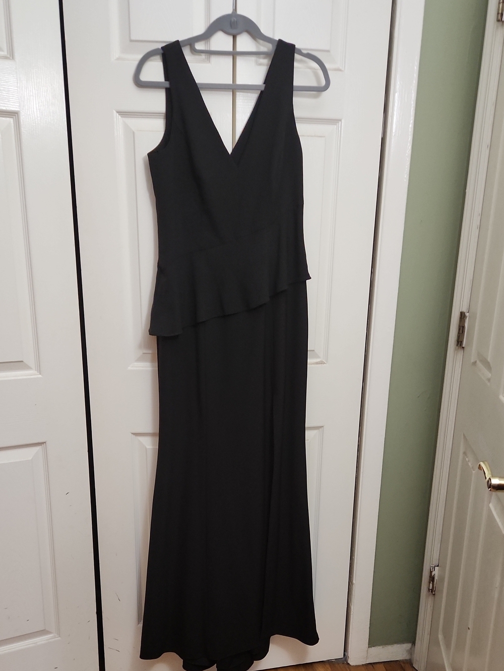 Amsale Black V-Neck Maxi Dress with Peplum Detail